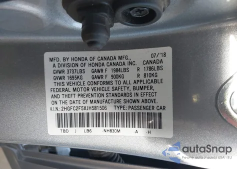 2018 Honda Civic Lx из США, поврежденный, VIN 2HGFC2F5XJH581506